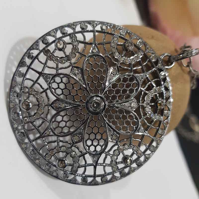 Handmade Designer Pave Diamond Flower Style Round Pendant, beautiful Flower Necklace, Silver Jewelry