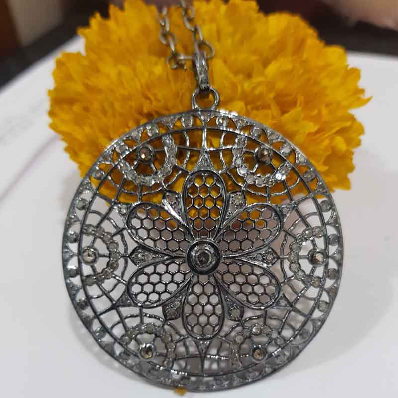 Handmade Designer Pave Diamond Flower Style Round Pendant, beautiful Flower Necklace, Silver Jewelry