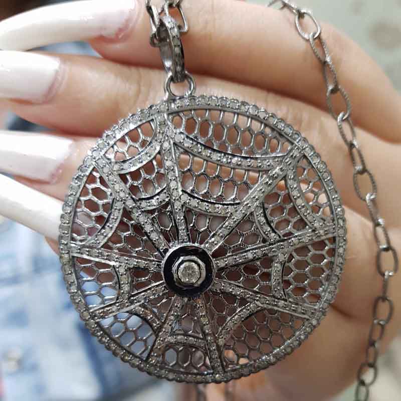 Pave Diamond Handmade Style Spider Web Pendant, Unique Spider Pendant, Silver Jewelry