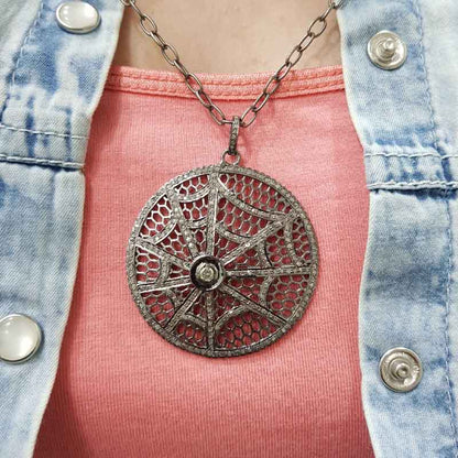 Pave Diamond Handmade Style Spider Web Pendant, Unique Spider Pendant, Silver Jewelry