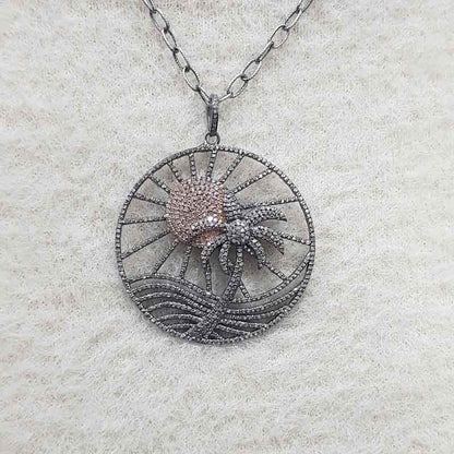 925 Sterling Silver Rose Gold Sun & Coconut Tree Beach Style Unique Pendant, Silver Jewelry