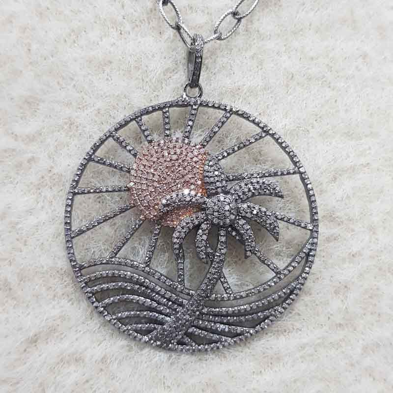 925 Sterling Silver Rose Gold Sun & Coconut Tree Beach Style Unique Pendant, Silver Jewelry