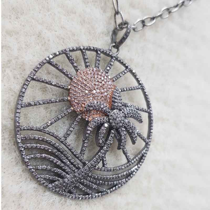 925 Sterling Silver Rose Gold Sun & Coconut Tree Beach Style Unique Pendant, Silver Jewelry