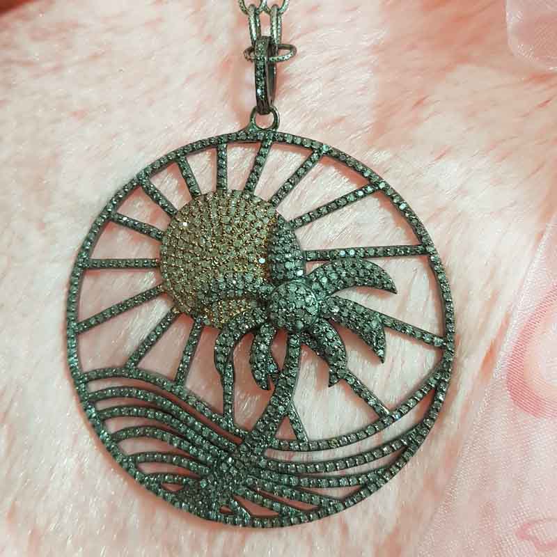 925 Sterling Silver Rose Gold Sun & Coconut Tree Beach Style Unique Pendant, Silver Jewelry