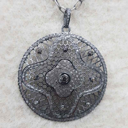 Round Designer Natural Pave Diamond Fancy Pendant, Silver Jewelry