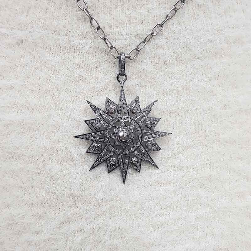 Sunburst pendant With Shiny Pave Diamond, Most Unique sunburst Necklace, Silver Jewelry