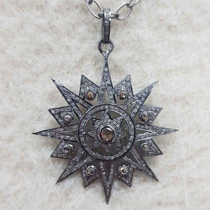 Sunburst pendant With Shiny Pave Diamond, Most Unique sunburst Necklace, Silver Jewelry