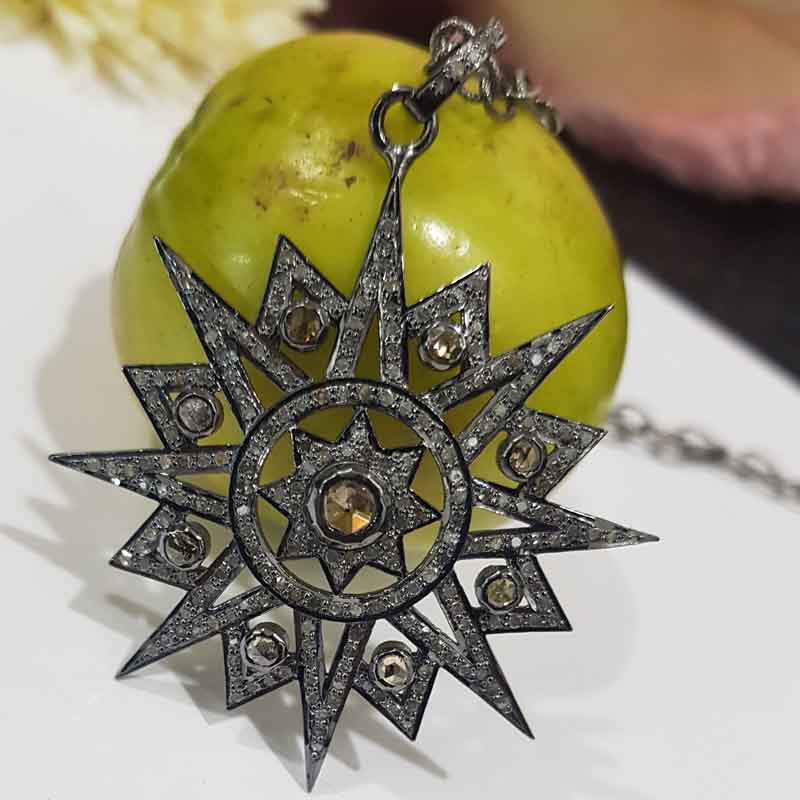 Sunburst pendant With Shiny Pave Diamond, Most Unique sunburst Necklace, Silver Jewelry