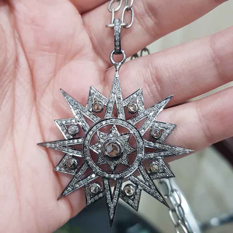 Sunburst pendant With Shiny Pave Diamond, Most Unique sunburst Necklace, Silver Jewelry