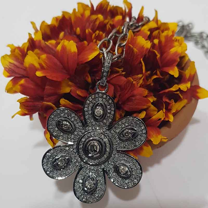 Fully Pave Diamond Handmade Designer Flower Pendant, Stunning And Beautiful Flower Necklace