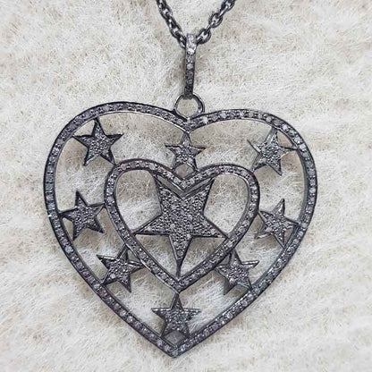 Stylish Heart Pendent With Stars And Pave Diamond Layers, Valentine Gift, Gift For Lovers