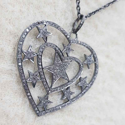 Stylish Heart Pendent With Stars And Pave Diamond Layers, Valentine Gift, Gift For Lovers