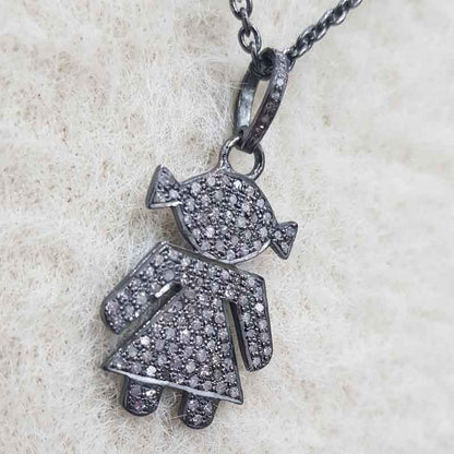 Beautiful Little Girl With Fully Pave Diamond Setting Silver Pendant, Cutest Doll Necklace, , Little Girl Design, Unique Design, Gift For Girl