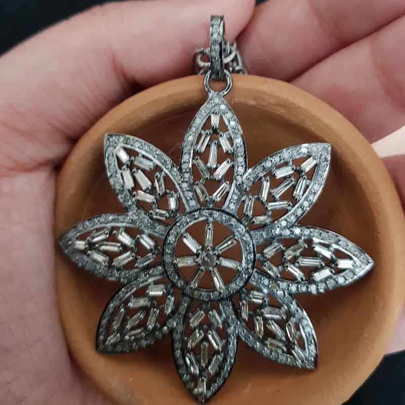 Natural Pave Diamond And Baguette Flower Pendant, Stunning Flower Pendant, Gift For Lover