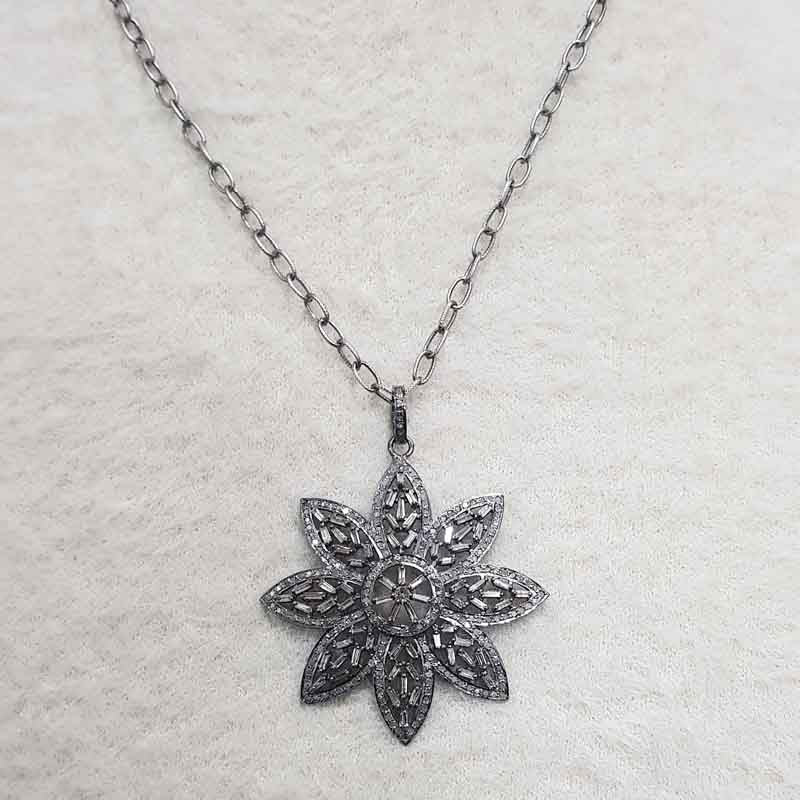 Natural Pave Diamond And Baguette Flower Pendant, Stunning Flower Pendant, Gift For Lover