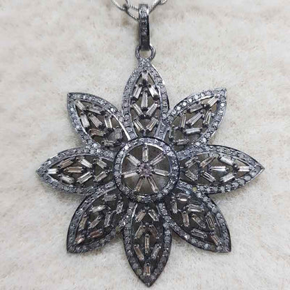 Natural Pave Diamond And Baguette Flower Pendant, Stunning Flower Pendant, Gift For Lover