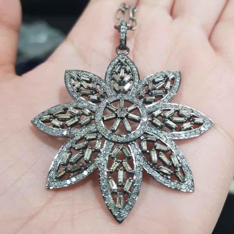 Natural Pave Diamond And Baguette Flower Pendant, Stunning Flower Pendant, Gift For Lover