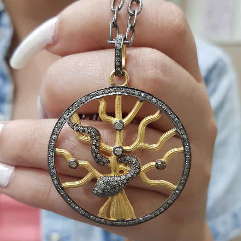 Designer Pave Diamond Stylish Yellow Snake Round Pendant, Unique Round Tree Shape