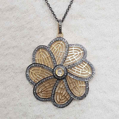 Shiny Yellow And Black Pave Diamond Handmade Designer Flower Pendant, Amazing Flower Design Necklace, Gift For Mom