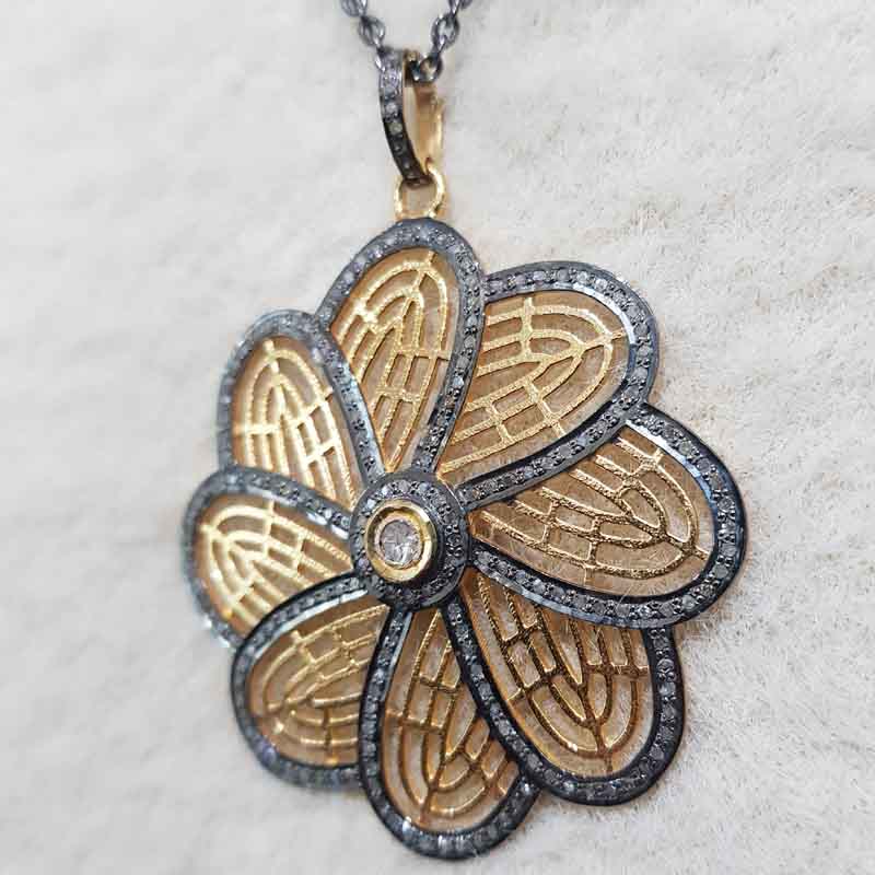 Shiny Yellow And Black Pave Diamond Handmade Designer Flower Pendant, Amazing Flower Design Necklace, Gift For Mom