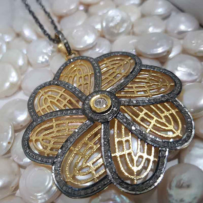 Shiny Yellow And Black Pave Diamond Handmade Designer Flower Pendant, Amazing Flower Design Necklace, Gift For Mom