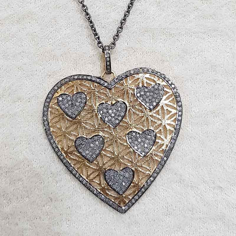 Beautifully Big Heart And Pave Diamond Little Hearts Pendent With Yellow And Black Rhodium Plate, Unique Heart necklace, Lovers Gift, Valentine Gift