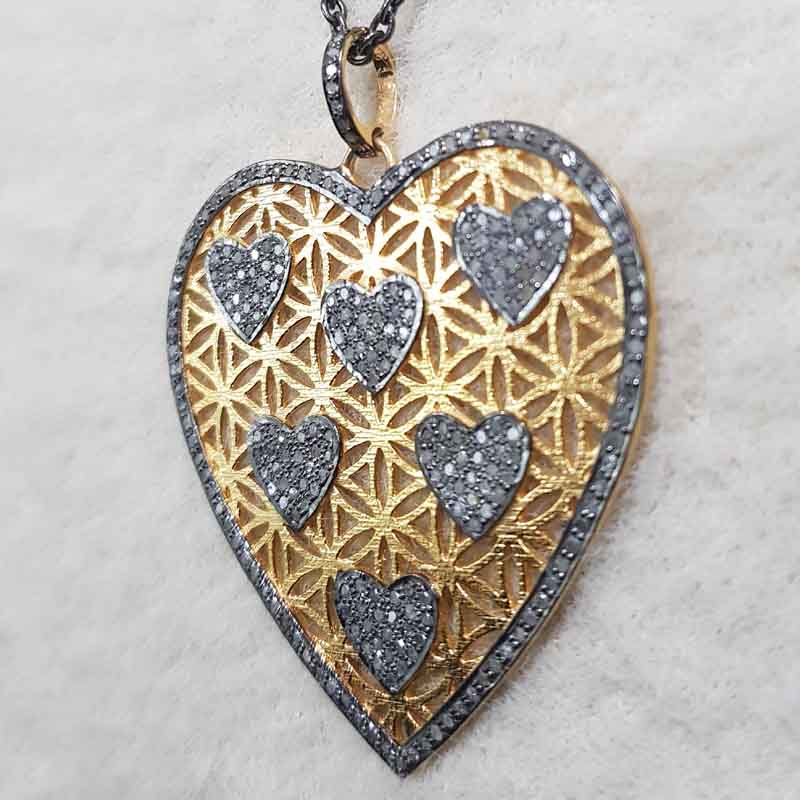 Beautifully Big Heart And Pave Diamond Little Hearts Pendent With Yellow And Black Rhodium Plate, Unique Heart necklace, Lovers Gift, Valentine Gift