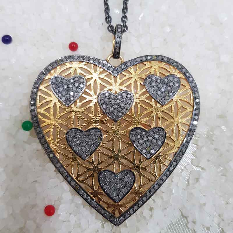 Beautifully Big Heart And Pave Diamond Little Hearts Pendent With Yellow And Black Rhodium Plate, Unique Heart necklace, Lovers Gift, Valentine Gift