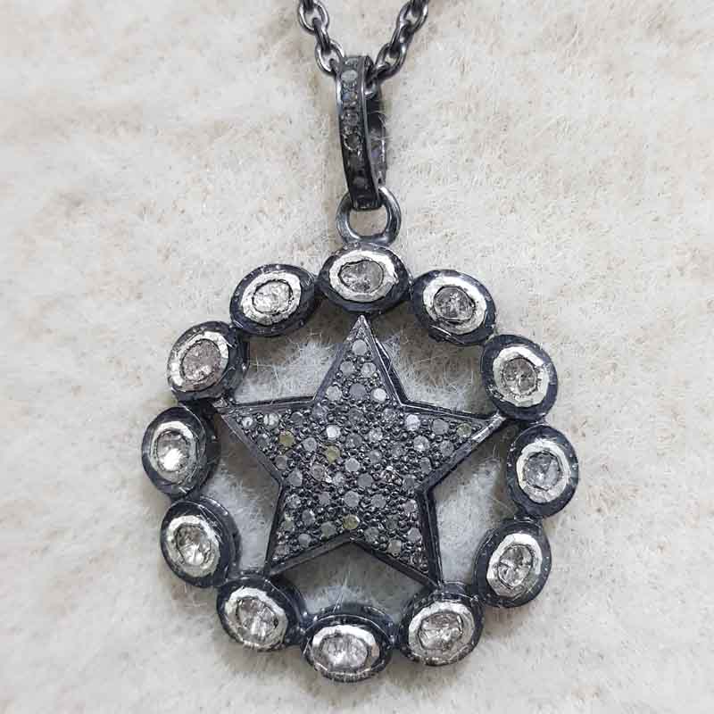 Natural Pave Diamond And Polki Stone Round With Star Pendant, attractive Design, Wedding Gift