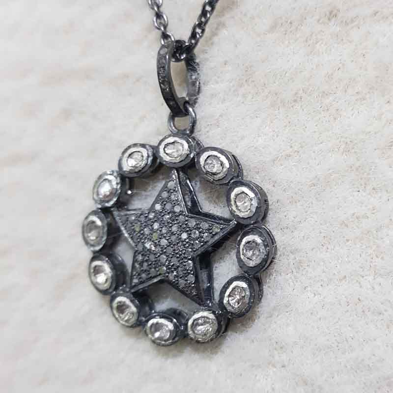 Natural Pave Diamond And Polki Stone Round With Star Pendant, attractive Design, Wedding Gift