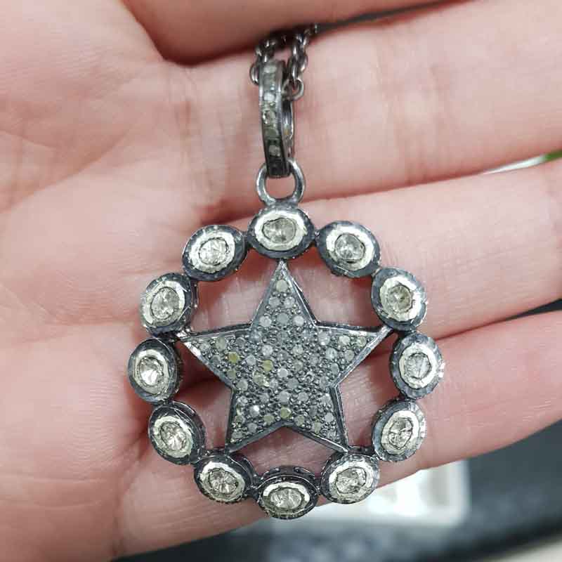 Natural Pave Diamond And Polki Stone Round With Star Pendant, attractive Design, Wedding Gift