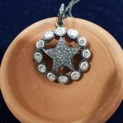 Natural Pave Diamond And Polki Stone Round With Star Pendant, attractive Design, Wedding Gift