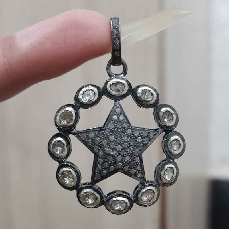 Natural Pave Diamond And Polki Stone Round With Star Pendant, attractive Design, Wedding Gift