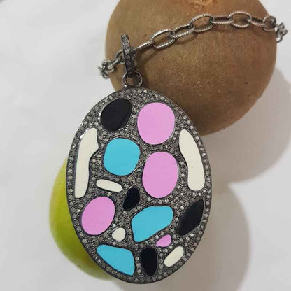 Oval Pendant With Multi Enamel And Pave Diamond Layers, Unique Oval Shape, Gift For Favorite one