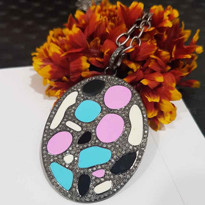 Oval Pendant With Multi Enamel And Pave Diamond Layers, Unique Oval Shape, Gift For Favorite one