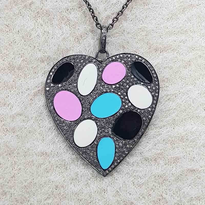 Glorious Multi Color Enamel Heart Pendant With Pave Layers, Valentine Giftt, Silver Jewelry