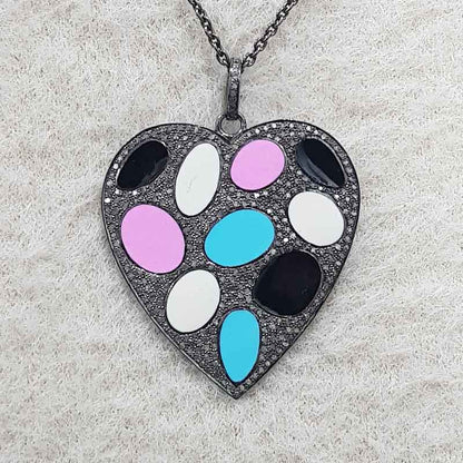 Glorious Multi Color Enamel Heart Pendant With Pave Layers, Valentine Giftt, Silver Jewelry