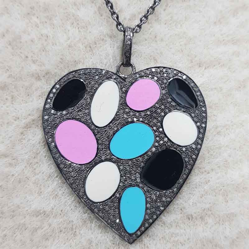 Glorious Multi Color Enamel Heart Pendant With Pave Layers, Valentine Giftt, Silver Jewelry