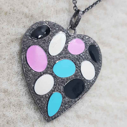 Glorious Multi Color Enamel Heart Pendant With Pave Layers, Valentine Giftt, Silver Jewelry