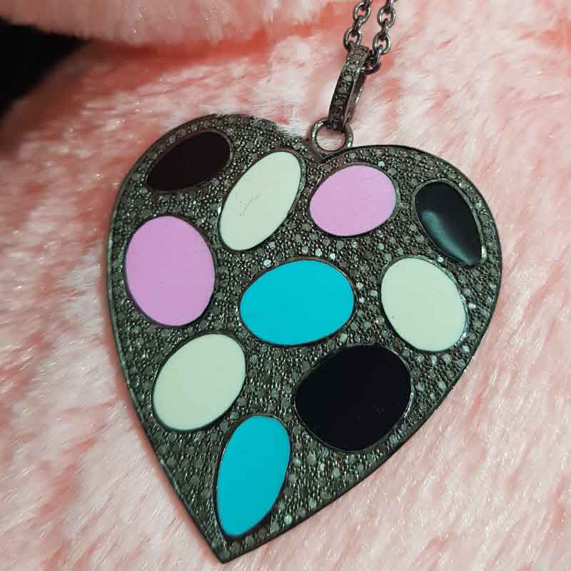 Glorious Multi Color Enamel Heart Pendant With Pave Layers, Valentine Giftt, Silver Jewelry