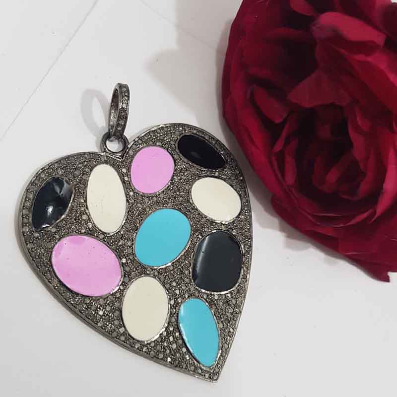 Glorious Multi Color Enamel Heart Pendant With Pave Layers, Valentine Giftt, Silver Jewelry