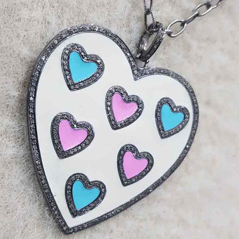 Beautifully Designed Cream, Turquoise And Pink Enamel Heart Pendant, Gift For girlfriend