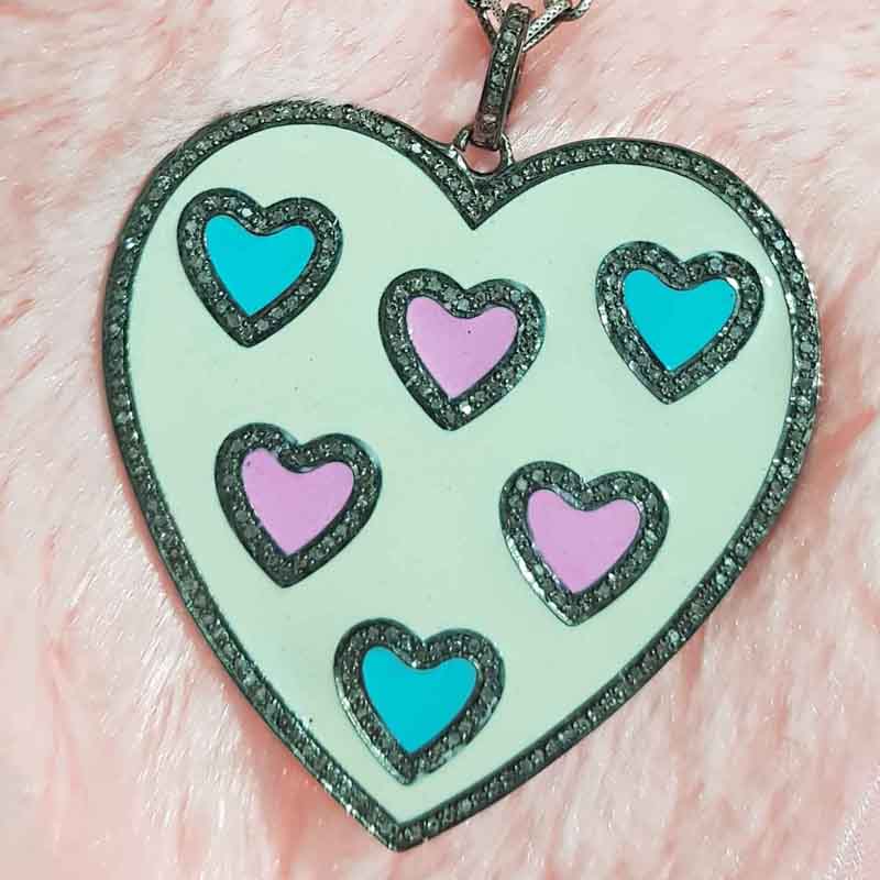 Beautifully Designed Cream, Turquoise And Pink Enamel Heart Pendant, Gift For girlfriend