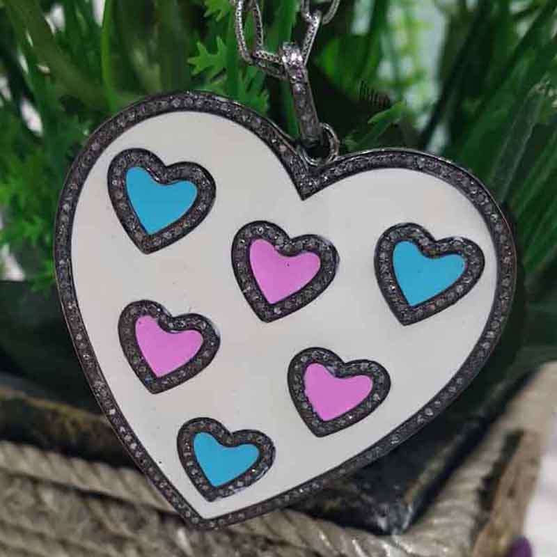 Beautifully Designed Cream, Turquoise And Pink Enamel Heart Pendant, Gift For girlfriend