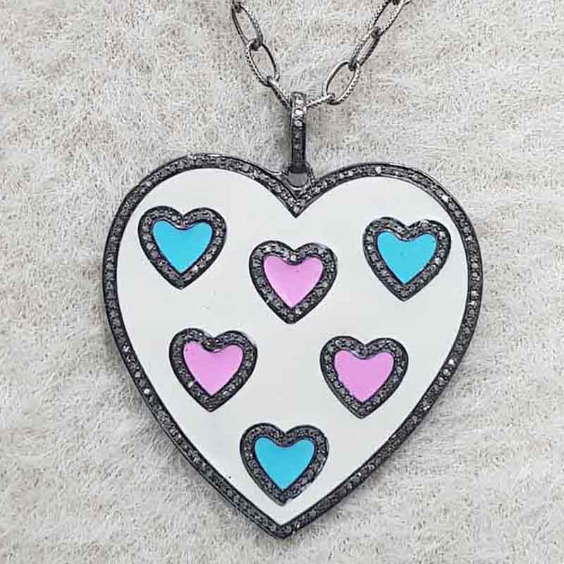 Beautifully Designed Cream, Turquoise And Pink Enamel Heart Pendant, Gift For girlfriend