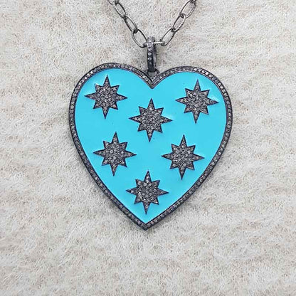 Turquoise Enamel 925 Sterling Silver Handmade Heart Star Pendant, Valentine Gift