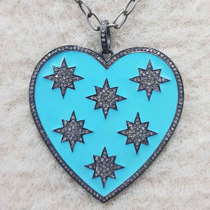 Turquoise Enamel 925 Sterling Silver Handmade Heart Star Pendant, Valentine Gift