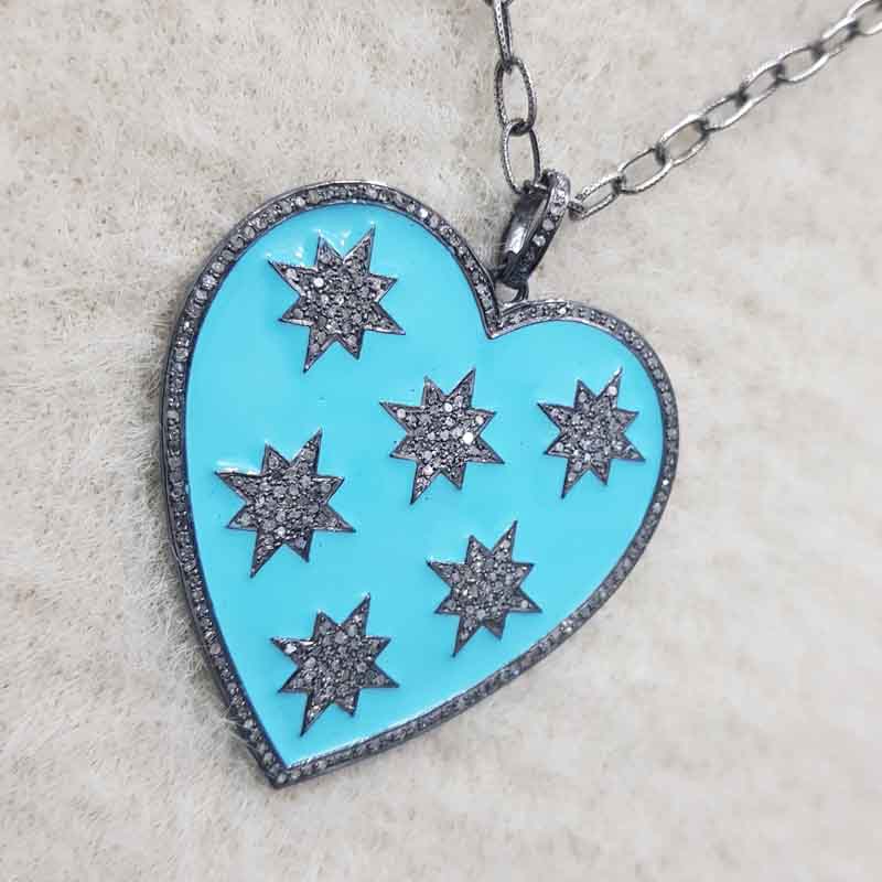 Turquoise Enamel 925 Sterling Silver Handmade Heart Star Pendant, Valentine Gift