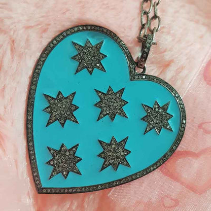 Turquoise Enamel 925 Sterling Silver Handmade Heart Star Pendant, Valentine Gift