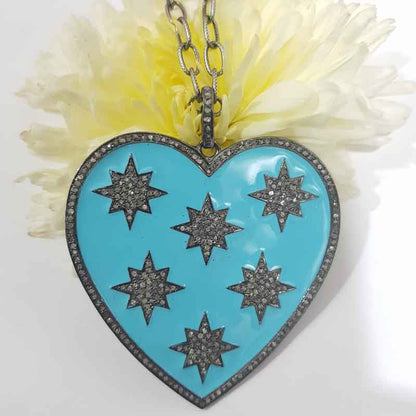 Turquoise Enamel 925 Sterling Silver Handmade Heart Star Pendant, Valentine Gift